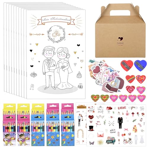 YSWOVUO 10er Set Hochzeitsmalbuch Kinder, Malbuch Hochzeit mit Aufkleber, Buntstifte, Bleistiftspitzer, Eraser und Geschenkbox, Hochzeit Gastgeschenke, Kindermalbuch als Hochzeit Kinder Beschäftigung von YSWOVUO