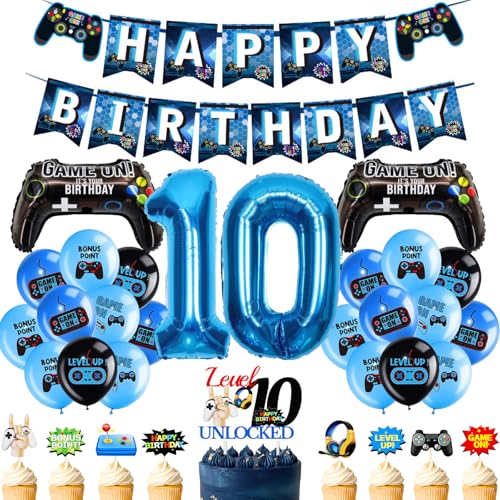 10. Geburtstag Dekorationen Videospiel - 34 Stück Blau Gaming Party Dekoration Happy Birthday Banner Game Controller Folienballons Zahl 10 Ballon Level Up Cupcake Topper für Jungen Party Supplies 10. Geburtstag Dekorationen Videospiel - 34 Stück Blau Gaming Party Dekoration Happy Birthday Banner Game Controller Folienballons Zahl 10 Ballon Level Up Cupcake Topper für Jungen Party Supplies von YTEWFGL