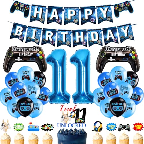11. Geburtstag Dekorationen Videospiel - 34 Stück Gaming Party Dekoration inkl. Controller Folienballons Nummer 11 Ballon Level Up Cupcake Topper für Blau Jungen Gamer Geburtstag Supplies 11. Geburtstag Dekorationen Videospiel - 34 Stück Gaming Party Dekoration inkl. Controller Folienballons Nummer 11 Ballon Level Up Cupcake Topper für Blau Jungen Gamer Geburtstag Supplies von YTEWFGL