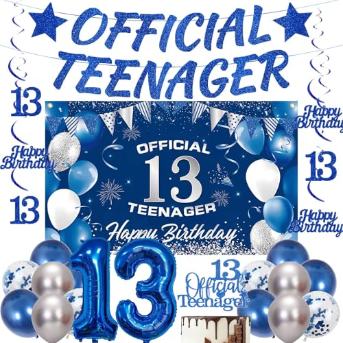13. Geburtstag Dekorationen Blau Banner - 20 Stück Offizielles Teenager Banner Happy Birthday Hintergrund Nummer 13 Folienballon hängende Wirbel Silber Latex Ballons für Jungen Party Supplies 13. Geburtstag Dekorationen Blau Banner - 20 Stück Offizielles Teenager Banner Happy Birthday Hintergrund Nummer 13 Folienballon hängende Wirbel Silber Latex Ballons für Jungen Party Supplies von YTEWFGL