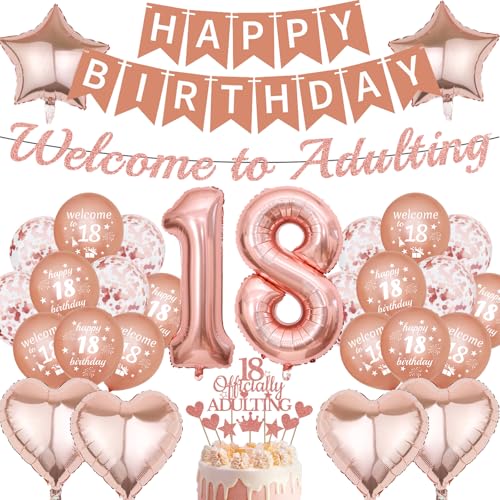 18. Geburtstag Dekorationen Frauen Mädchen – 31 Stück Rose Gold Party Dekoration einschließlich Welcome to Adulting Banner Nummer 18 Folienballon Happy 18 Birthday Latex Ballons für 18 Jahre alt Party von YTEWFGL