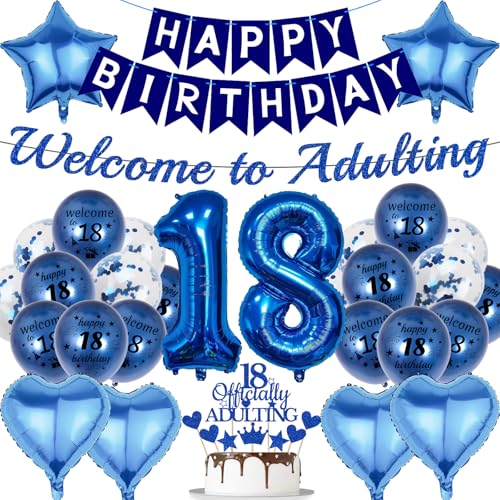 18. Geburtstag Dekorationen Jungen Blau - 31 Stück Happy 18th Birthday Dekoration inkl. Welcome To Adulting Banner 18 Offiziell Erwachsene Kuchen Topper Konfetti Ballons für 18 Jahre Alt Party 18. Geburtstag Dekorationen Jungen Blau - 31 Stück Happy 18th Birthday Dekoration inkl. Welcome To Adulting Banner 18 Offiziell Erwachsene Kuchen Topper Konfetti Ballons für 18 Jahre Alt Party von YTEWFGL