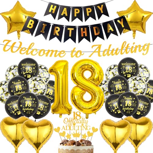 18. Geburtstag Dekorationen Jungen Gold – 31 Stück Happy Birthday Banner Welcome To Adulting Banner 18 Offiziell Erwachsene Tortenaufsatz Schwarz Konfetti Latex Ballons für 18 Jahre Alt Party Supplies 18. Geburtstag Dekorationen Jungen Gold – 31 Stück Happy Birthday Banner Welcome To Adulting Banner 18 Offiziell Erwachsene Tortenaufsatz Schwarz Konfetti Latex Ballons für 18 Jahre Alt Party Supplies von YTEWFGL