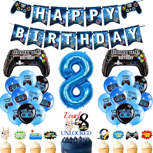 8. Geburtstag Dekorationen Videospiel - 33 Stück Blau Gaming Party Dekoration Nummer 8 Folienballon Controller Ballons Level Up Cupcake Toppers Happy Birthday Banner für Gamer Jungen Geburtstag 8. Geburtstag Dekorationen Videospiel - 33 Stück Blau Gaming Party Dekoration Nummer 8 Folienballon Controller Ballons Level Up Cupcake Toppers Happy Birthday Banner für Gamer Jungen Geburtstag von YTEWFGL