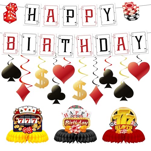 Casino-Themenparty-Dekorationsset – 15 Stück schwarz und gold Geburtstagsdekoration inklusive Poker Happy Birthday Banner Spaten hängende Wirbel Würfel Waben Mittelstück für Vegas Party Dekorationen Casino-Themenparty-Dekorationsset – 15 Stück schwarz und gold Geburtstagsdekoration inklusive Poker Happy Birthday Banner Spaten hängende Wirbel Würfel Waben Mittelstück für Vegas Party Dekorationen von YTEWFGL