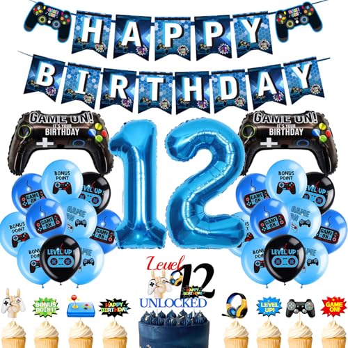 Dekorationen zum 12. Geburtstag, Videospiel, 34 Stück, Gaming-Geburtstagsdekorationen, inklusive Controller-Folienballons, Zahl 12, Ballon, Level Up, Cupcake-Topper für blaue Jungen, Gamer Dekorationen zum 12. Geburtstag, Videospiel, 34 Stück, Gaming-Geburtstagsdekorationen, inklusive Controller-Folienballons, Zahl 12, Ballon, Level Up, Cupcake-Topper für blaue Jungen, Gamer von YTEWFGL