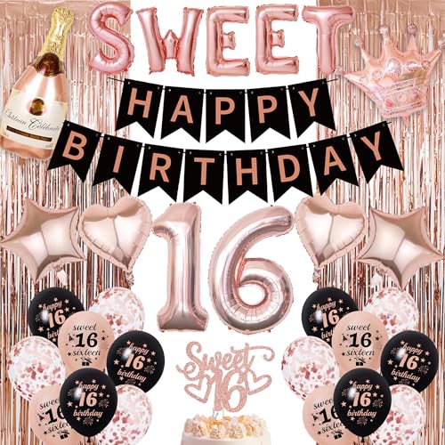 Dekorationen zum 16. Geburtstag, Roségold, 36 Stück süße Dekorationen zum 16. Geburtstag, einschließlich Folienballons der Zahl 16, Banner Champagnerballon, Sweet 16, Kuchenaufsatz für 16 Jahre alte Dekorationen zum 16. Geburtstag, Roségold, 36 Stück süße Dekorationen zum 16. Geburtstag, einschließlich Folienballons der Zahl 16, Banner Champagnerballon, Sweet 16, Kuchenaufsatz für 16 Jahre alte von YTEWFGL