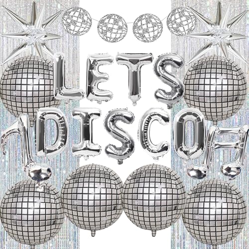 Disco-Party-Dekorationen, Tanzende Königin, 21 Stück, Discokugel-Dekorationen, einschließlich Lets, Disco-Buchstaben-Ballon, Musiknoten-Luftballons, explodierender Sternballon, Silberfolie, Disco-Party-Dekorationen, Tanzende Königin, 21 Stück, Discokugel-Dekorationen, einschließlich Lets, Disco-Buchstaben-Ballon, Musiknoten-Luftballons, explodierender Sternballon, Silberfolie, von YTEWFGL