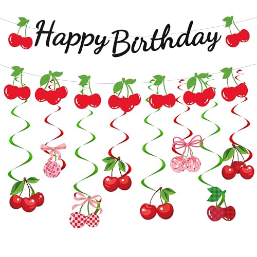 Kirsch-Geburtstagsparty-Dekorationen, Banner – 10 Stück, rote Party-Dekoration, einschließlich Glitzer, Happy Birthday-Banner, Girlande, Kirsche, hängende Wirbel für Mädchen, erste Jahre alte Vorräte Kirsch-Geburtstagsparty-Dekorationen, Banner – 10 Stück, rote Party-Dekoration, einschließlich Glitzer, Happy Birthday-Banner, Girlande, Kirsche, hängende Wirbel für Mädchen, erste Jahre alte Vorräte von YTEWFGL