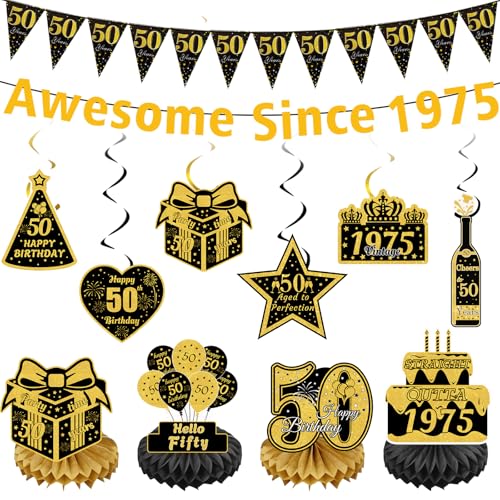 Party-Dekorationen zum 50. Geburtstag, goldfarben – 12 Stück, glitzernd, schwarz, gold, tolle seit 1975, Banner "Happy 50th Birthday", hängende Wirbel, Waben-Mittelstück für 50 Jahre alte Partyzubehör Party-Dekorationen zum 50. Geburtstag, goldfarben – 12 Stück, glitzernd, schwarz, gold, tolle seit 1975, Banner "Happy 50th Birthday", hängende Wirbel, Waben-Mittelstück für 50 Jahre alte Partyzubehör von YTEWFGL