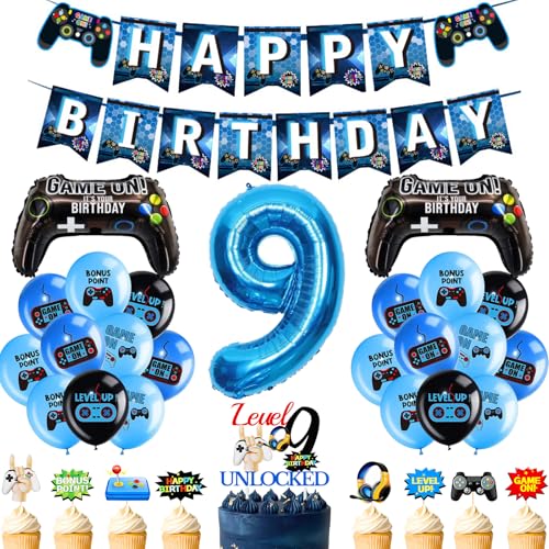 Party-Dekorationen zum 9. Geburtstag, Jungen, 33 Stück, blau, Gaming-Geburtstagsdekorationen, inklusive Game-Controller-Folienballons, Zahl 9, Luftballon, Happy Birthday-Banner Party-Dekorationen zum 9. Geburtstag, Jungen, 33 Stück, blau, Gaming-Geburtstagsdekorationen, inklusive Game-Controller-Folienballons, Zahl 9, Luftballon, Happy Birthday-Banner von YTEWFGL