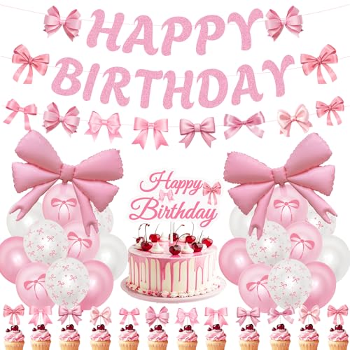 Schleife Geburtstag Party Dekorationen Rosa - 37 Stück Kokette Geburtstag Dekoration Glitzer Happy Birthday Banner Kuchen Topper Rosa Schleife Folienballons für Mädchen Frauen Babyparty Party Supplies Schleife Geburtstag Party Dekorationen Rosa - 37 Stück Kokette Geburtstag Dekoration Glitzer Happy Birthday Banner Kuchen Topper Rosa Schleife Folienballons für Mädchen Frauen Babyparty Party Supplies von YTEWFGL