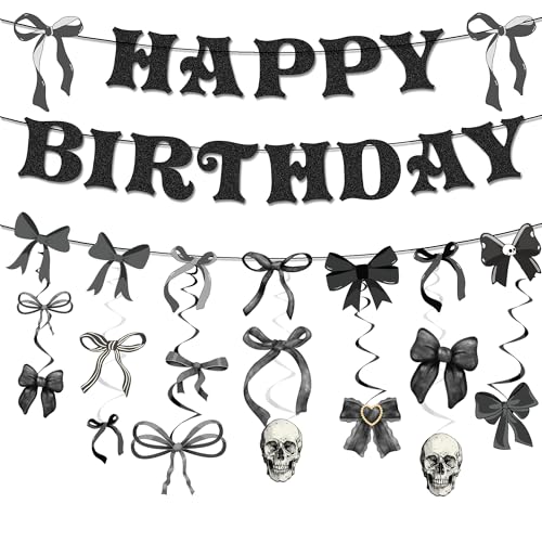 Schleife Geburtstag Party Dekorationen Schwarz - 13 Stück Glitzer Kokette Party Dekorationen einschließlich Happy Birthday Banner Girlande Schwarz Schleife Skelett Hängende Wirbel für Schleifen Thema Schleife Geburtstag Party Dekorationen Schwarz - 13 Stück Glitzer Kokette Party Dekorationen einschließlich Happy Birthday Banner Girlande Schwarz Schleife Skelett Hängende Wirbel für Schleifen Thema von YTEWFGL