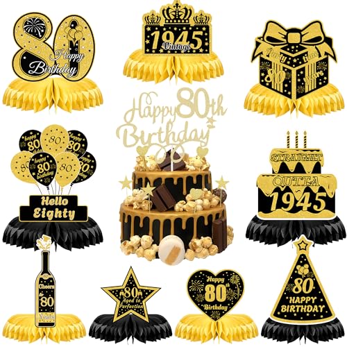 Tischdekoration zum 80. Geburtstag, für Herren, 10 Stück, Schwarz und Gold, Partyzubehör, Cheers to 80 Years Vintage 1945, Wabenaufsätze, Happy 80th Birthday, Tortenaufsatz für Frauen Tischdekoration zum 80. Geburtstag, für Herren, 10 Stück, Schwarz und Gold, Partyzubehör, Cheers to 80 Years Vintage 1945, Wabenaufsätze, Happy 80th Birthday, Tortenaufsatz für Frauen von YTEWFGL