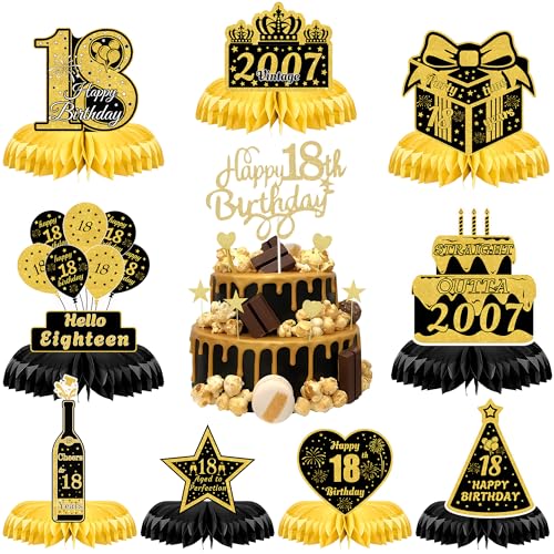 Tischdekorationen zum 18. Geburtstag für Jungen – 10 Stück, goldene Geburtstagsdekorationen, Happy 18th Birthday, Tortenaufsatz, Schwarz und Gold, Waben-Tischdekoration, Mittelstück, Vintage 2007 für Tischdekorationen zum 18. Geburtstag für Jungen – 10 Stück, goldene Geburtstagsdekorationen, Happy 18th Birthday, Tortenaufsatz, Schwarz und Gold, Waben-Tischdekoration, Mittelstück, Vintage 2007 für von YTEWFGL
