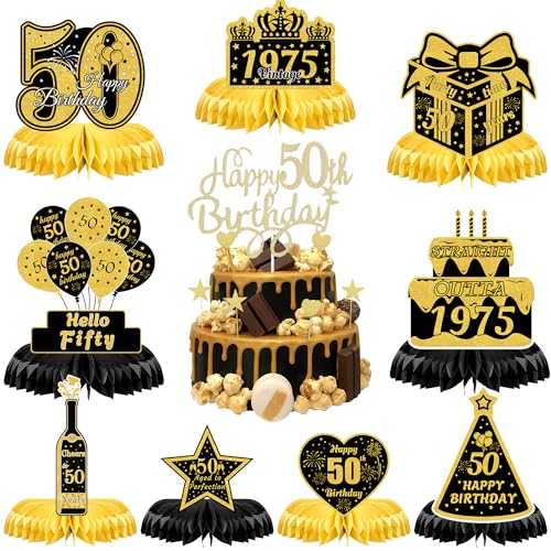 Tischdekorationen zum 50. Geburtstag, für Herren, 10 Stück, Schwarz und Gold, Partyzubehör, Cheers to 50 Years Vintage 1975, Wabenaufsätze, Happy 50th Birthday, Tortenaufsatz für Frauen Tischdekorationen zum 50. Geburtstag, für Herren, 10 Stück, Schwarz und Gold, Partyzubehör, Cheers to 50 Years Vintage 1975, Wabenaufsätze, Happy 50th Birthday, Tortenaufsatz für Frauen von YTEWFGL