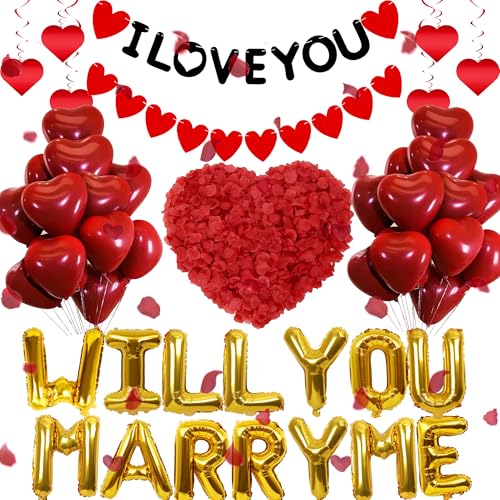 Will You Marry Me Dekorationen – 546 Stück Antragsdekorationen, einschließlich 500 Rosenblätter, rote Herz-Latex-Luftballons, "I Love You", Banner zum Aufhängen für Paare, Valentinstagsdekoration Will You Marry Me Dekorationen – 546 Stück Antragsdekorationen, einschließlich 500 Rosenblätter, rote Herz-Latex-Luftballons, "I Love You", Banner zum Aufhängen für Paare, Valentinstagsdekoration von YTEWFGL