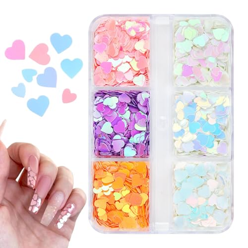 Nagel Glitzer Sequins,6 Grids Valentinstag Herz Glitzer Applikationen - Holographische Konfetti Maniküre Kunst Acryl Japanische Deko Applikationen Für Gesicht Körper Date von YTGOCN
