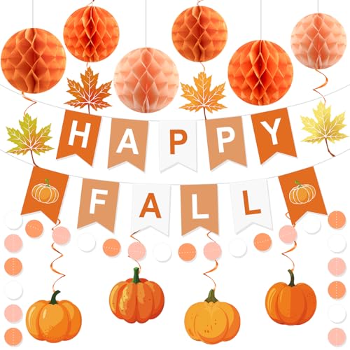 YTHETM Herbst Party Dekorationen Happy Fall Banner mit Wabenbällen Kürbis Ahornblatt hängende Wirbel Kreis Punkte Girlande Herbst Party Dekor für Ernte Herbst Festival Thanksgiving Dekorationen von YTHETM