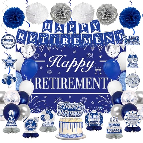 YTHETM Partydekorationen für den Ruhestand, Happy Retirement Dekorationen für Männer und Frauen, Blau / Silber, Happy Retirement, Banner, Hintergrund, Luftballons, Papier-Pompons, Wabendekoration, YTHETM Partydekorationen für den Ruhestand, Happy Retirement Dekorationen für Männer und Frauen, Blau / Silber, Happy Retirement, Banner, Hintergrund, Luftballons, Papier-Pompons, Wabendekoration, von YTHETM