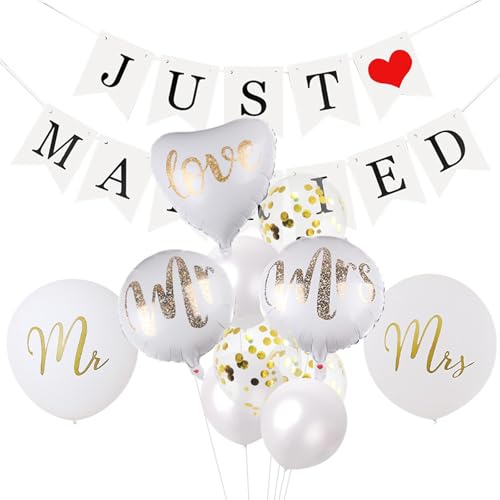 15 Stück Elegant Just Married Dekorationen Set, Enthält Banner, Mr & Mrs Ballons, Perfekte Hochzeitsdekorationen für Brautpaare, Ideal für Hochzeitsfeiern, Flitterwochen Zimmer und Feiern 15 Stück Elegant Just Married Dekorationen Set, Enthält Banner, Mr & Mrs Ballons, Perfekte Hochzeitsdekorationen für Brautpaare, Ideal für Hochzeitsfeiern, Flitterwochen Zimmer und Feiern von YTPAFK