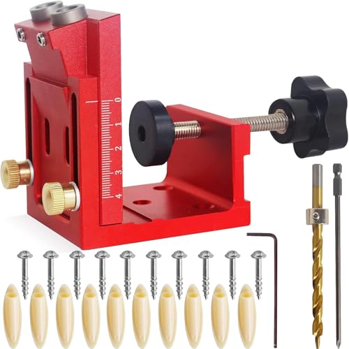 Lochstanzer für Holzbearbeitung, verstellbar, schräg, mit metrischer und imperialer Kalibrierung, Aluminiumlegierung, Schrankplatte, Dübellochvorrichtung, Set (rot) von YTRRE