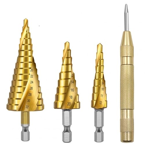 Spiral-Stufenbohrer-Sets mit Körner-Set, Kegellochschneider, Metall, Holz, 4 Stück Spiral-Stufenbohrer-Sets mit Körner-Set, Kegellochschneider, Metall, Holz, 4 Stück von YTRRE