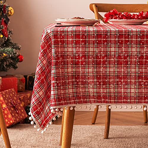 YUANBAO Weihnachten Tischdecke, Schneeflocke Karierte Muster Rot Quaste Tischtuch,Rechteckig Abwaschbar für Weihnachts Party Küche Tisch Dekoration (4,140x240cm) von YUANBAO