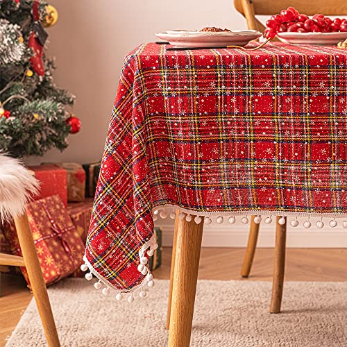 YUANBAO Weihnachten Tischdecke, Schneeflocke Karierte Muster Rot Quaste Tischtuch,Rechteckig Abwaschbar für Weihnachts Party Küche Tisch Dekoration (5,140x140cm) von YUANBAO