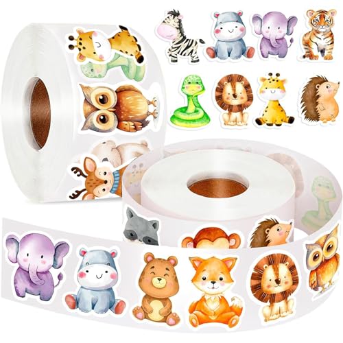 1000 Stück Runde Tier Aufkleber, Belohnungsaufkleber für Kinder, Tiersticker Cartoon Tiere, Selbstklebend für Schule, Lehrer, DIY, Scrapbooking & Journal (2 Rollen) von YUANHEHE