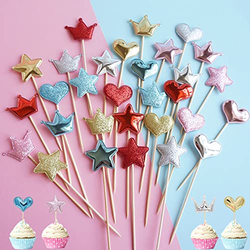 Stern Herz Krone Cupcake Topper 100 Stück Happy Birthday Tortendeko Glitzer Krone Kuchen Topper Cupcake Tortenstecker Für Cocktail Sticks Lebensmittel Zahnstocher Party Hochzeitstorte Topper Deko von YUANHEHE