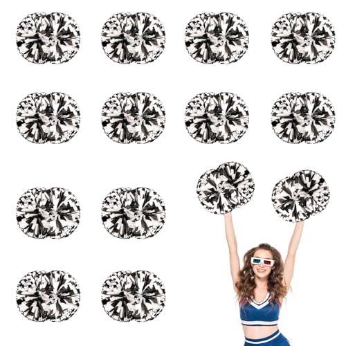 12 PCS Pompons Cheerleading, 13,8 Zoll Sport Team Spirits Cheering Squad Tanztraining mit Griff (Schwarz + Weiß) von YUANHUYUOU