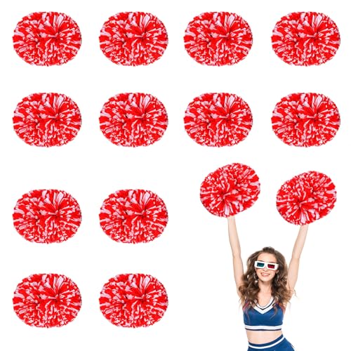 12 PCS Pompons Cheerleading, 13,8 Zoll Sport Team Spirits Cheering Squad Tanztraining mit Griff (Weiß + Rot) von YUANHUYUOU