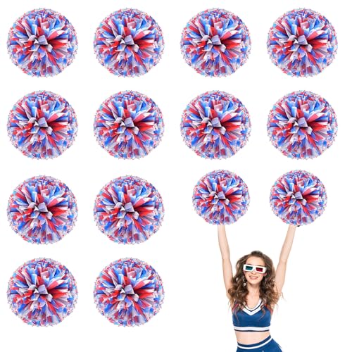12 PCS Pompons Cheerleading, 13,8 Zoll Sport Team Spirits Cheering Squad Tanztraining mit Griffringen (Blau + Rot + Weiß) von YUANHUYUOU