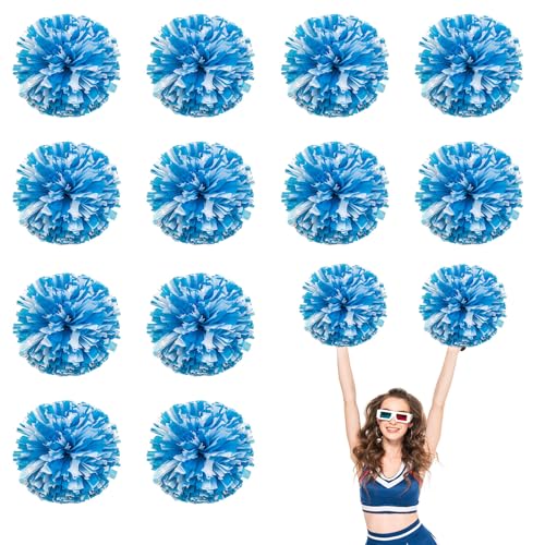 12 PCS Pompons Cheerleading, 13,8 Zoll Sport Team Spirits Cheering Squad Tanztraining mit Griffringen (Blau + Weiß) von YUANHUYUOU