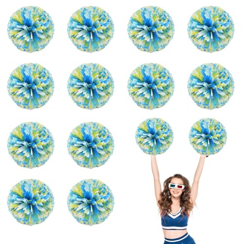 12 PCS Pompons Cheerleading, 13,8 Zoll Sport Team Spirits Cheering Squad Tanztraining mit Griffringen (Blau + Weiß + Gelb) von YUANHUYUOU