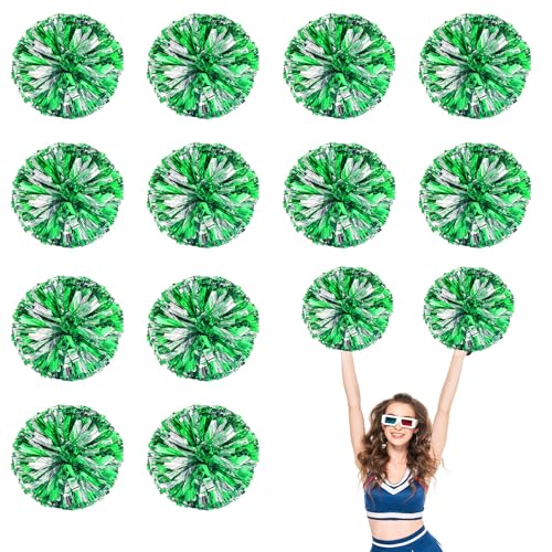 12 PCS Pompons Cheerleading, 13,8 Zoll Sport Team Spirits Cheering Squad Tanztraining mit Griffringen (Grün + Silber) von YUANHUYUOU