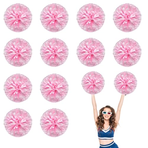 12 PCS Pompons Cheerleading, 13,8 Zoll Sport Team Spirits Cheering Squad Tanztraining mit Griffringen (Rosa + Weiß) von YUANHUYUOU