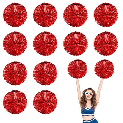 12 PCS Pompons Cheerleading, 13,8 Zoll Sport Team Spirits Cheering Squad Tanztraining mit Griffringen (Rot) von YUANHUYUOU