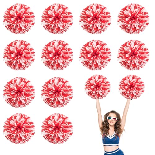 12 PCS Pompons Cheerleading, 13,8 Zoll Sport Team Spirits Cheering Squad Tanztraining mit Griffringen (Rot + Weiß) von YUANHUYUOU