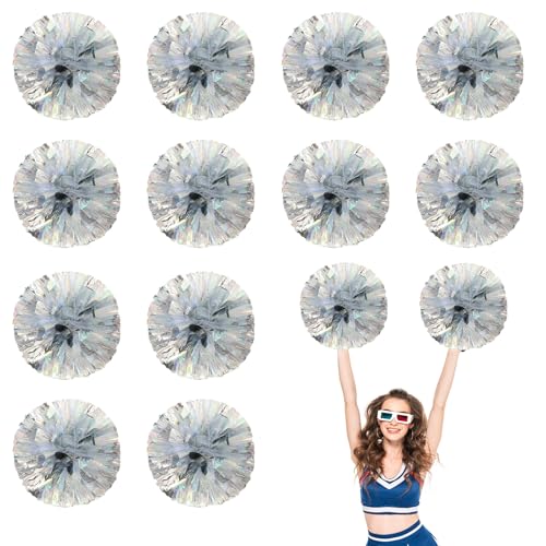 12 PCS Pompons Cheerleading, 13,8 Zoll Sport Team Spirits Cheering Squad Tanztraining mit Griffringen (Schau + Silber) von YUANHUYUOU