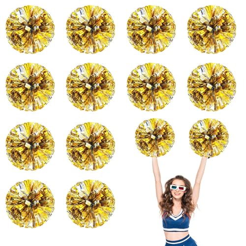12 PCS Pompons Cheerleading, 13,8 Zoll Sport Team Spirits Cheering Squad Tanztraining mit Griffringen (Silber und Gold) von YUANHUYUOU