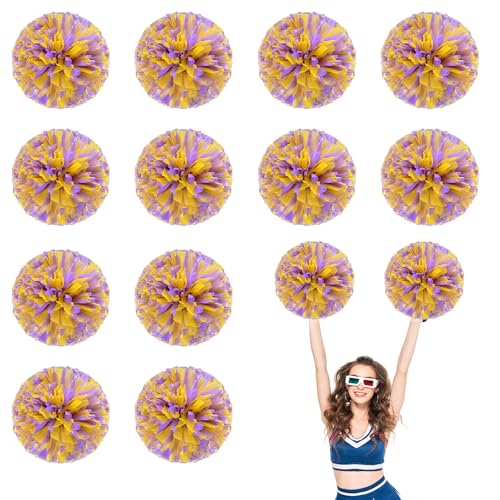 12 PCS Pompons Cheerleading, 13,8 Zoll Sport Team Spirits Cheering Squad Tanztraining mit Griffringen (Violett + Gelb) von YUANHUYUOU