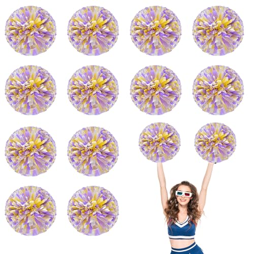 12 PCS Pompons Cheerleading, 13,8 Zoll Sport Team Spirits Cheering Squad Tanztraining mit Griffringen (Violett + Gelb + Weiß) von YUANHUYUOU
