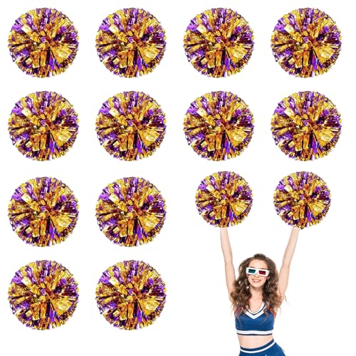 12 PCS Pompons Cheerleading, 13,8 Zoll Sport Team Spirits Cheering Squad Tanztraining mit Griffringen (Violett Gold) von YUANHUYUOU
