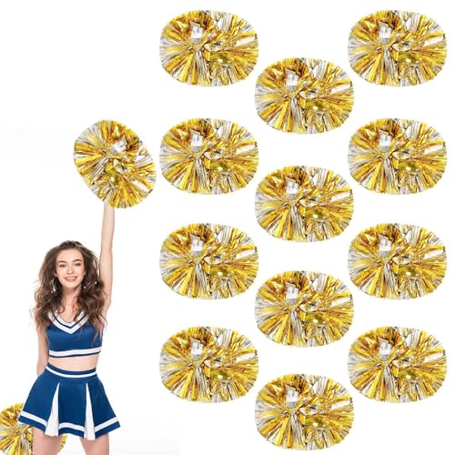 12 Stück Cheerleader-Pompons, 13,8 Zoll, Sporttanz für Teamgeist im Sport, Anfeuern mit Griff (Gold + Silber) von YUANHUYUOU