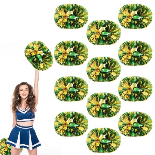 12 Stück Cheerleader-Pompons, 13,8 Zoll, Sporttanz für Teamgeist im Sport, Anfeuern mit Griff (Grün + Gold) von YUANHUYUOU