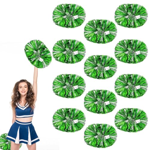 12 Stück Cheerleader-Pompons, 13,8 Zoll, Sporttanz für Teamgeist im Sport, Anfeuern mit Griff (Grün + Silber) von YUANHUYUOU
