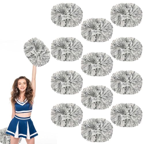 12 Stück Cheerleader-Pompons, 13,8 Zoll, Sporttanz für Teamgeist im Sport, Anfeuern mit Griff (Silber) von YUANHUYUOU
