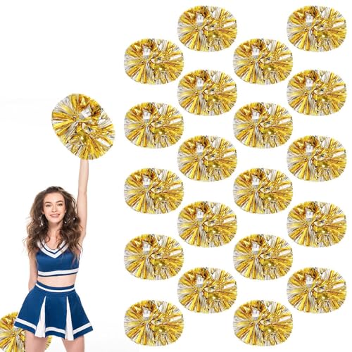 20 Stück Cheerleading-Pompons, 13,8 Zoll, für Sportteams, Tanztraining und Partyfeiern mit Griff (Gold + Silber) von YUANHUYUOU